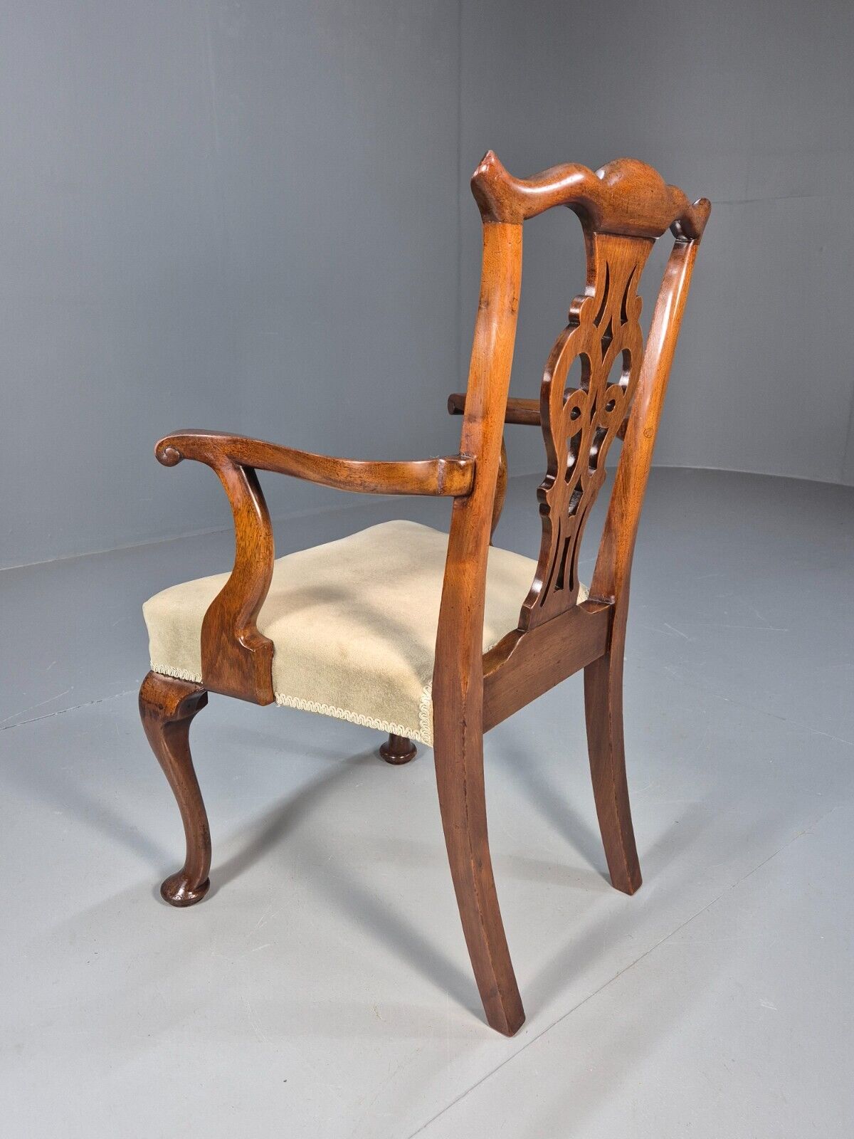 Antique Georgian Style Elbow Chair Mahogany Pad Feet Green Seat EB9387 VDIN - UKDK FURNITURE
