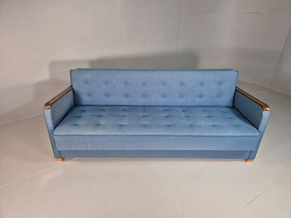 Vintage Danish Sofa Bed Blue Wool Teak Arms 1960s Retro MCM EB7259 M3SS - UKDK FURNITURE