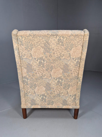 Vintage Danish Wingback Armchair Cream Grey Abstract Print Retro EB9695 MNOR - UKDK FURNITURE