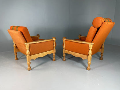 2 Vintage Danish Lounge Chairs Orange Green Oak Kjaernulf Retro MCM EB6716 MNOR - UKDK FURNITURE