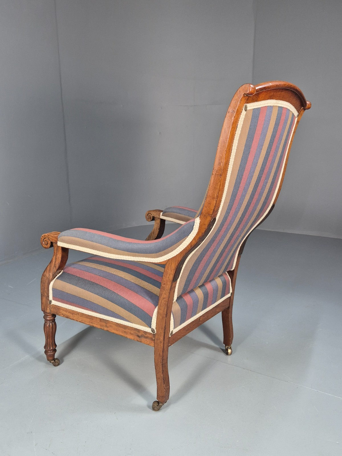 Antique Mahogany Lounge Chair Striped Cotton Upholstery EB10625 VCLO17