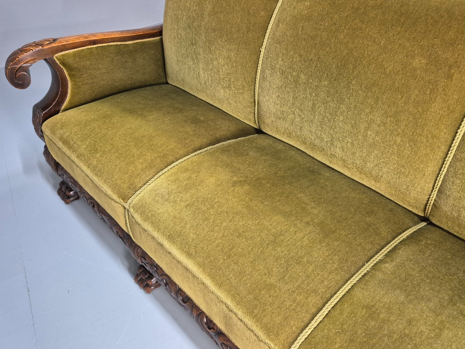 Vintage Danish Baroque Style 3 Seat Settee Green Velour Antique 1920 EB9653 V3SS - UKDK FURNITURE