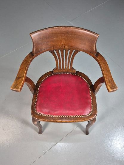 Vintage Elbow Chair Red Leatherette Oak Frame 1950s EB7871a VDIN - UKDK FURNITURE