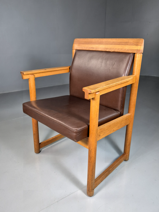 Vintage Scandinavian Elbow Chair Brown Leather Oak Frame Retro MCM EB7021 MNOR - UKDK FURNITURE