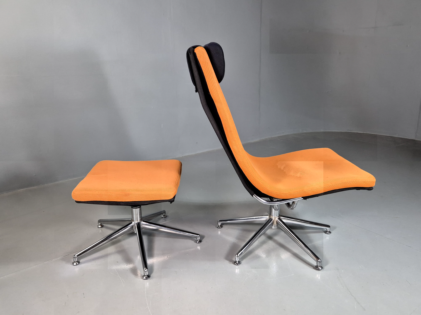 Vintage Danish Swivel Chair and Footstool Orange Chrome Retro 1980s EB7357 MSWI6