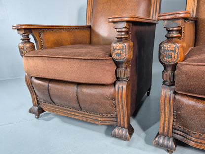 2 Edwardian Lounge Chairs Baroque Oak Frame Rexine and Velour EB11264 VLEA4