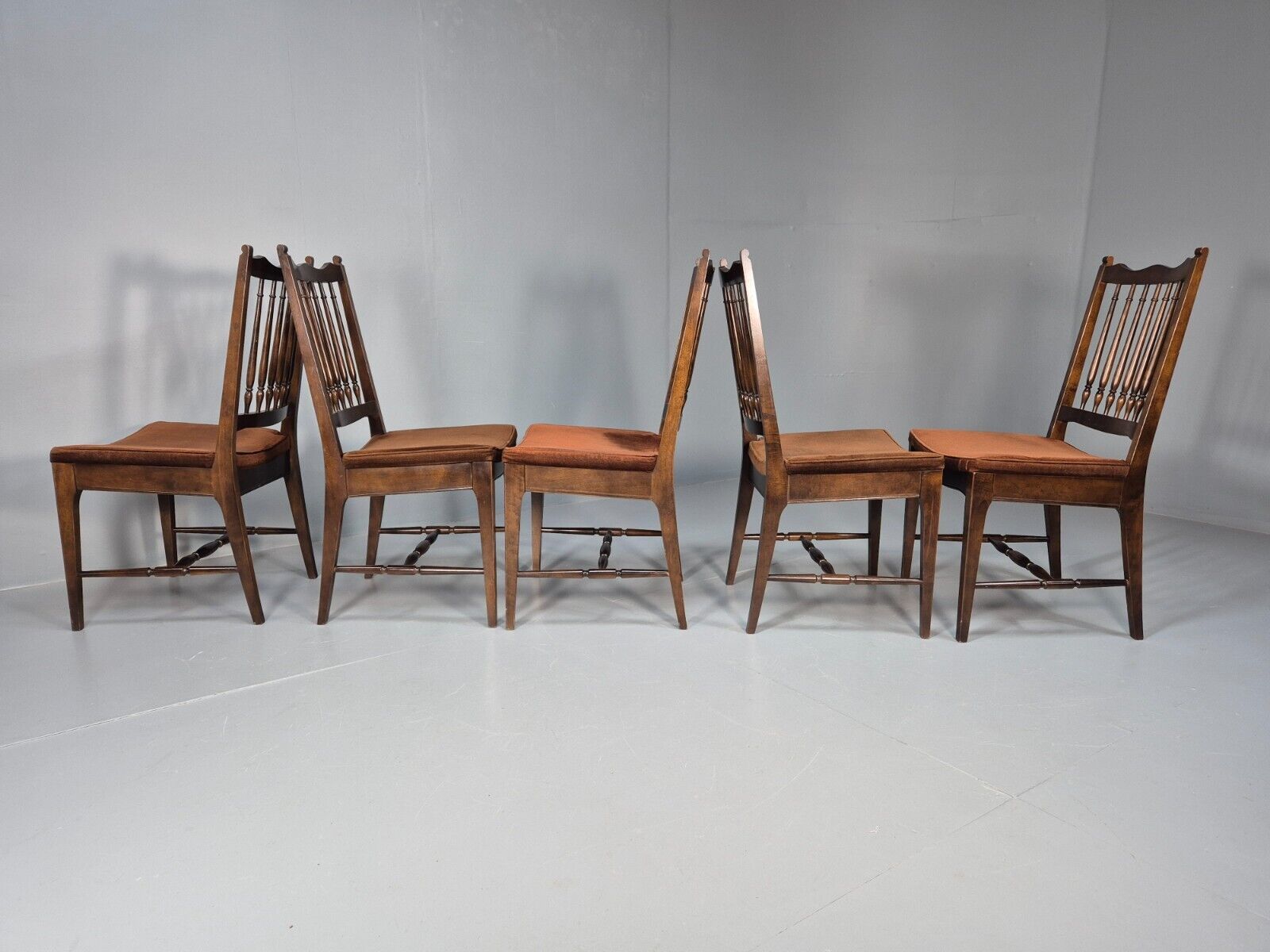 5 Vintage Dining Chairs Brown Velour Mahogany Stag 1970s Retro EB9148 VDIN - UKDK FURNITURE