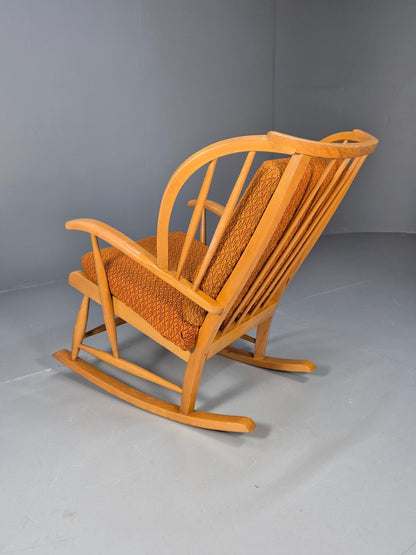 Vintage 1950s Rocking Chair Orange Pattern Fabric Beech Frame Retro EB9481 MNOR - UKDK FURNITURE