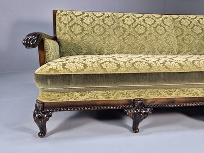 Antique Danish Baroque Style 3 Seat Sofa Green Moquette Carved Wood EB9636 V3SS - UKDK FURNITURE