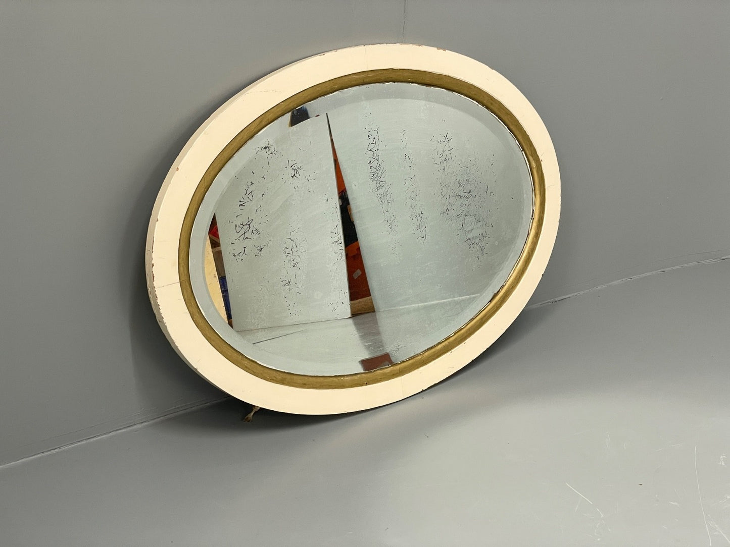 Antique Oval Wall Mirror White & Gold Painted Bevelled Patina EB11051 MWOO0