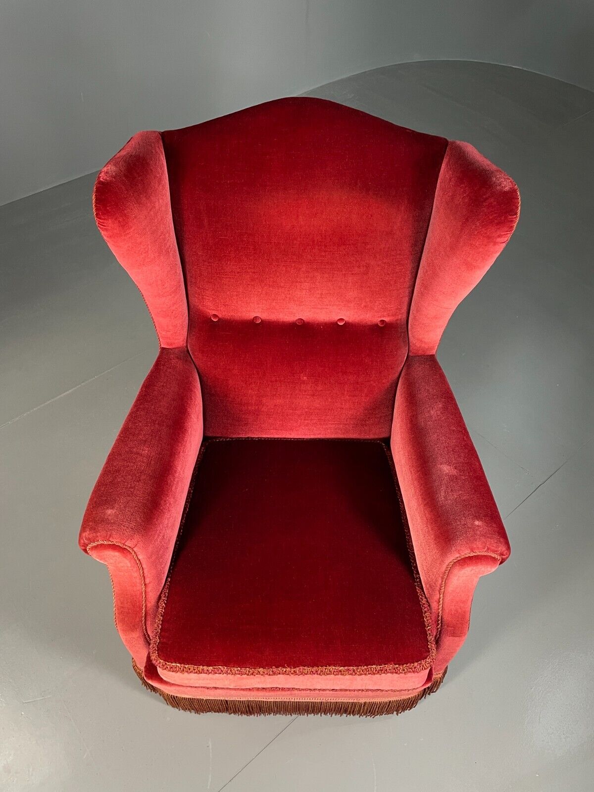 Vintage Danish Wingback Lounge Chair Red Velour Tassels 1940s Retro EB6450 VCLO - UKDK FURNITURE