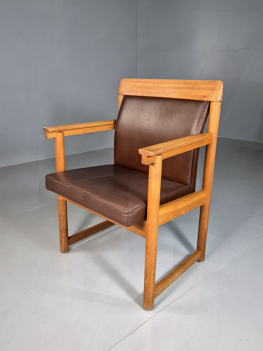 Vintage Scandinavian Elbow Chair Brown Leather Oak Frame Retro MCM EB7301 MNOR - UKDK FURNITURE