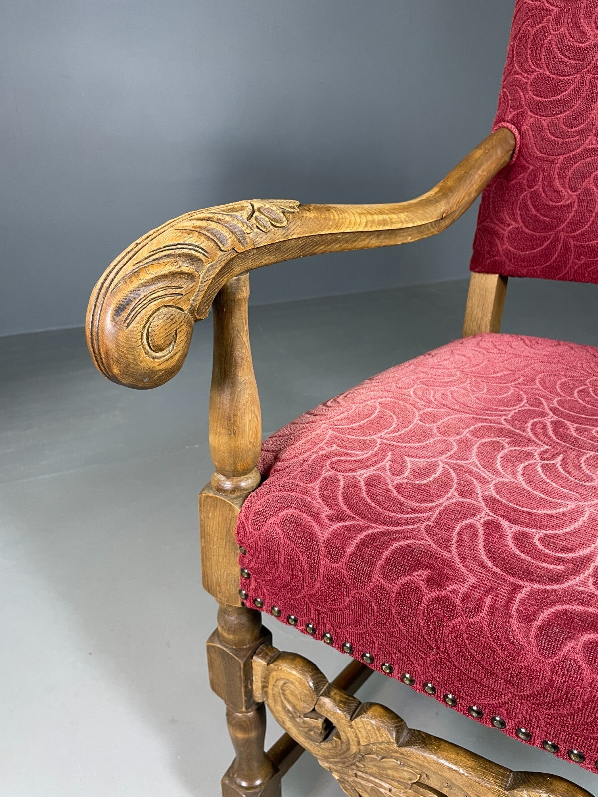 Vintage Danish Lounge Chair Oak Red Moquette 17th Century Style EB6942 VCLO4