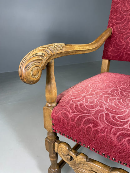 Vintage Danish Lounge Chair Oak Red Moquette 17th Century Style EB6942 VCLO4