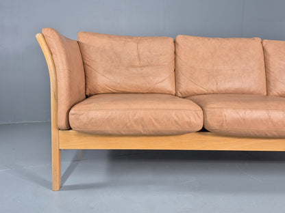 Vintage 3 Seater Sofa Danish Light Tan Leather Beech Skalma  Retro EB11914 M3SS2