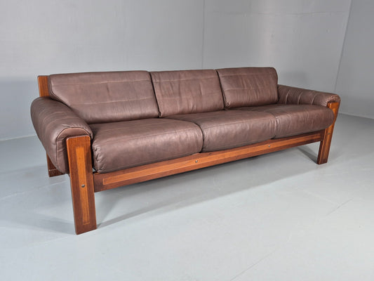 Vintage 3 Seater Sofa Brown Leather 1970s Retro Danish Wood Frame EB11115 M3SS1