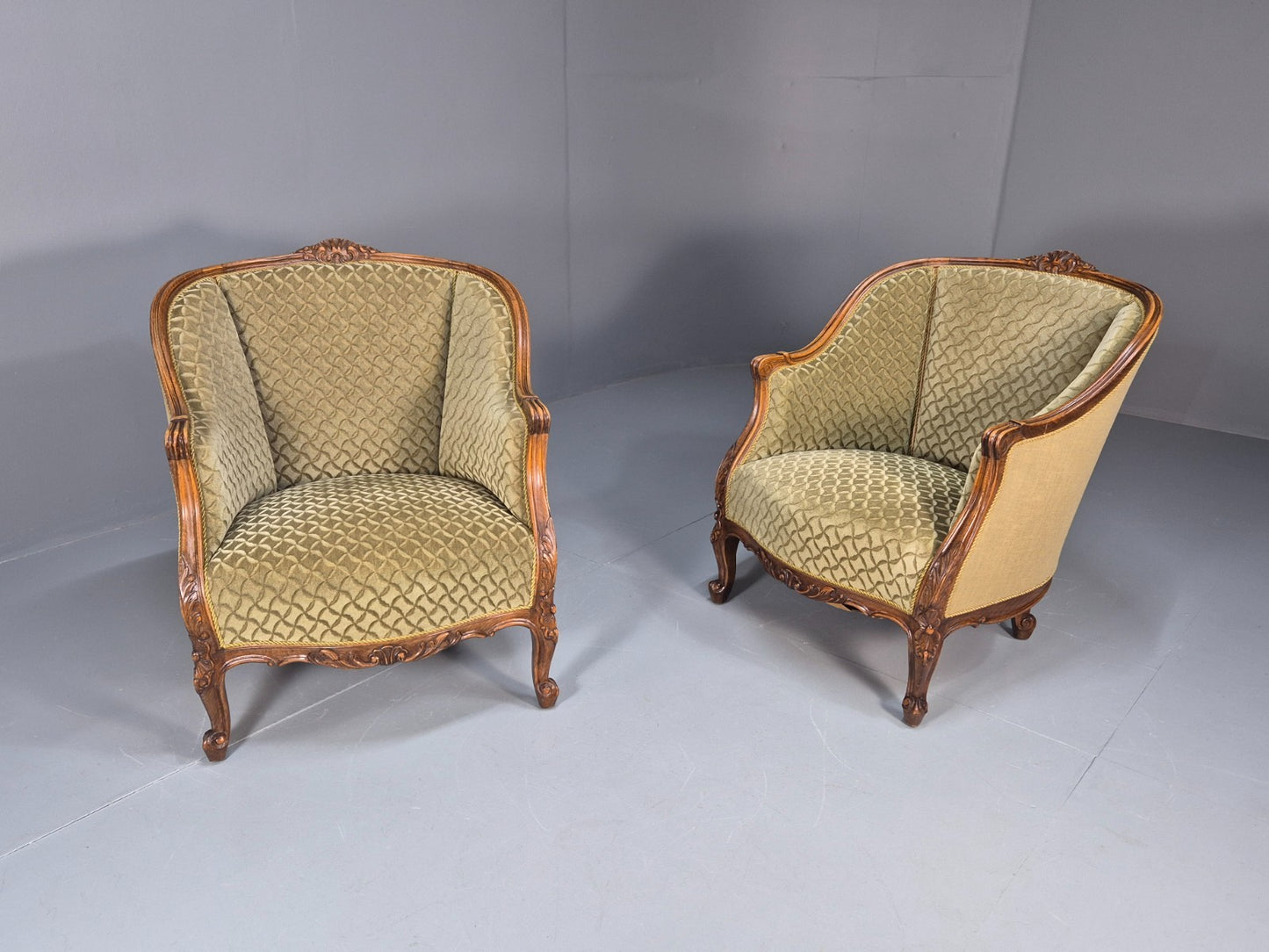 2 Antique Tub Chairs Oak Carved Frame Green Patterned Velvet 1920s EB10741 VCAR14