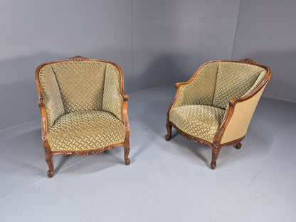 2 Antique Tub Chairs Oak Carved Frame Green Patterned Velvet 1920s EB10741 VCAR14