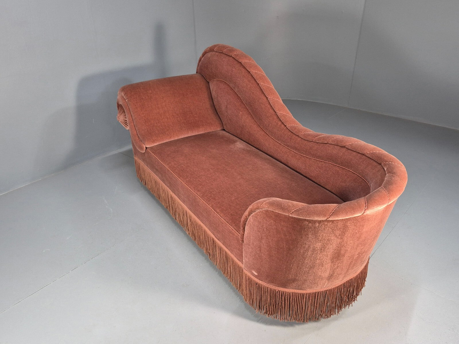 Vintage Danish Art Deco Chaise Lounge Pink Velour Tassels 1930s EB9664 VCHA - UKDK FURNITURE