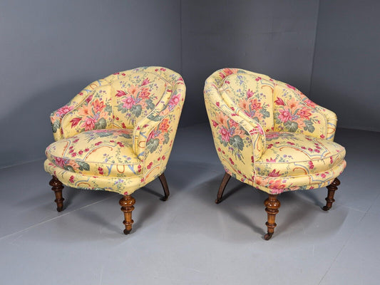 Pair Vintage Danish Floral Print Antique Tub Chairs Walnut Legs EB9012 VCLO - UKDK FURNITURE