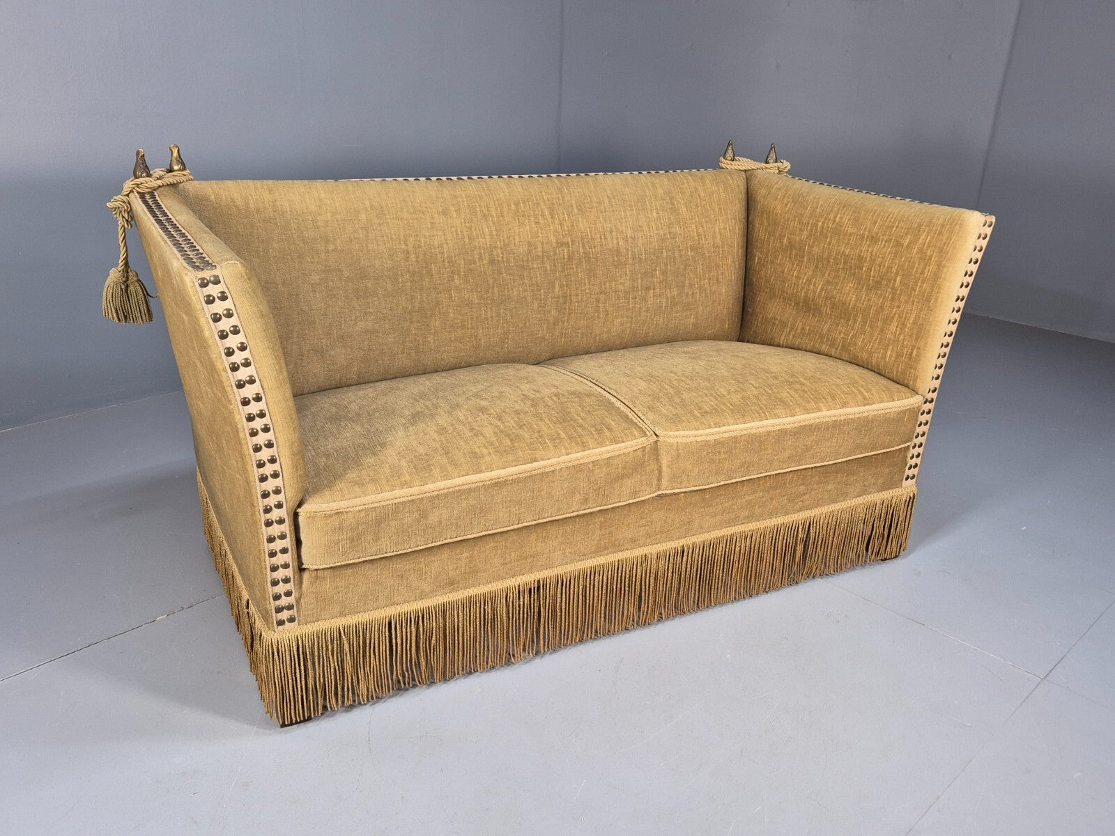 Vintage Two Seater Sofa Green Velour Studded Tassels Danish Design EB9549 V2SS - UKDK FURNITURE