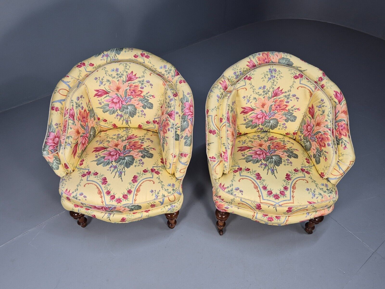Pair Vintage Danish Floral Print Antique Tub Chairs Walnut Legs EB9012 VCLO - UKDK FURNITURE