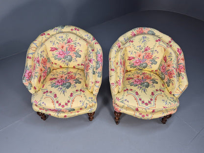 Pair Vintage Danish Floral Print Antique Tub Chairs Walnut Legs EB9012 VCLO - UKDK FURNITURE