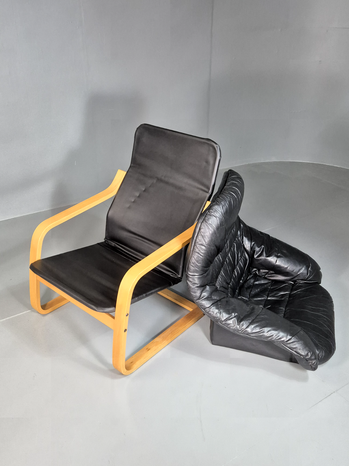 Vintage Danish Lounge Chair Black Leather Bentwood Cantilever Retro EB7229 MBEN5