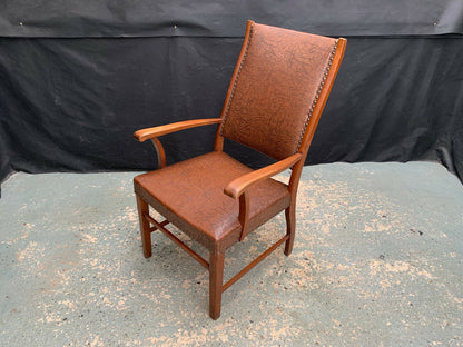 Danish Oak & Brown Vinyl High-Back Arm Chair Elbow Desk Vintage EB1949 VDIN - UKDK FURNITURE