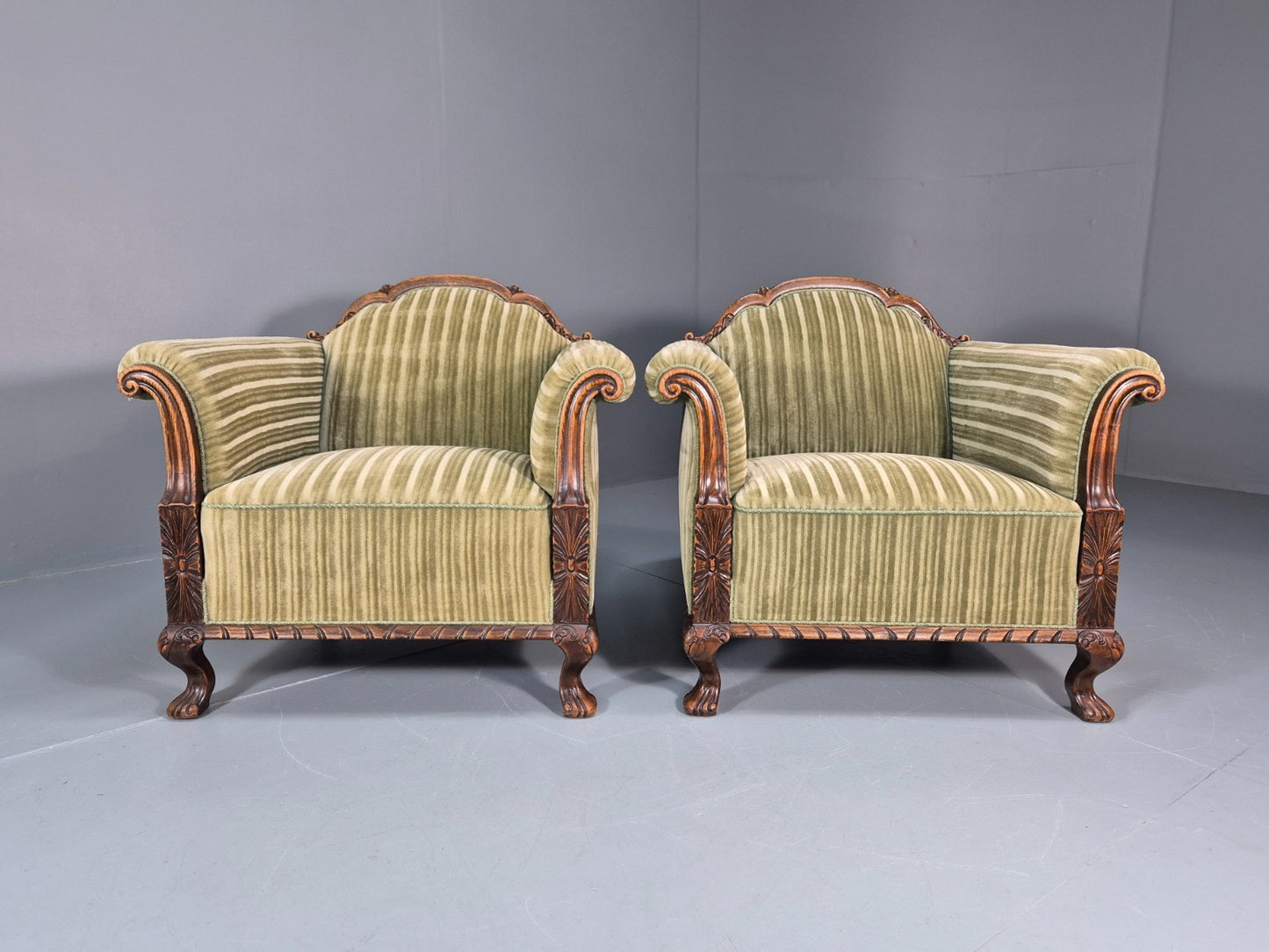 2 Antique Deep Lounge Chairs Oak Frame Green Corduroy 1900s  EB10758 VCAR2