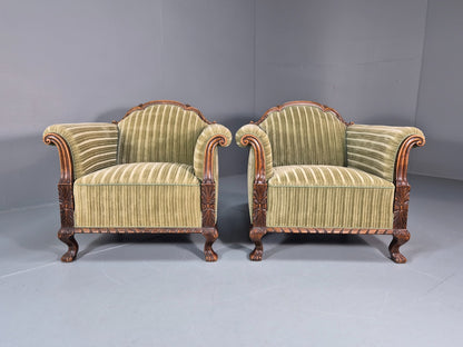 2 Antique Deep Lounge Chairs Oak Frame Green Corduroy 1900s  EB10758 VCAR2