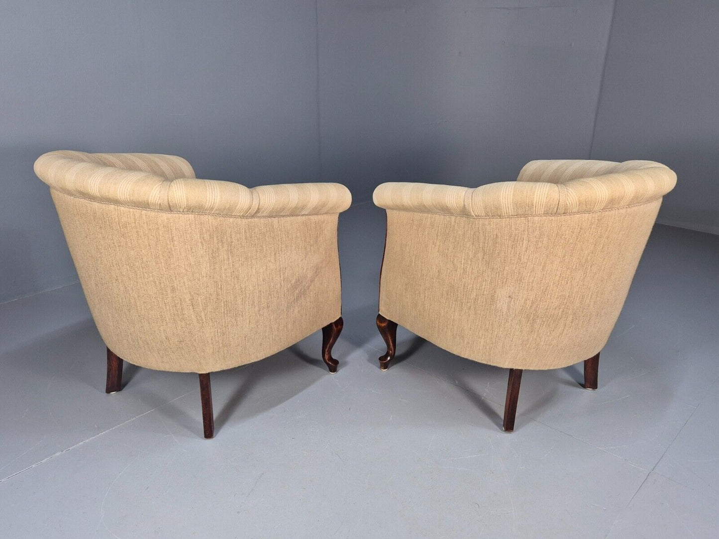 2Pair of Vintage Antique Danish Tub Chairs Beige Cream Stripes 1930s EB9049 VCLO - UKDK FURNITURE