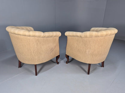 2Pair of Vintage Antique Danish Tub Chairs Beige Cream Stripes 1930s EB9049 VCLO - UKDK FURNITURE