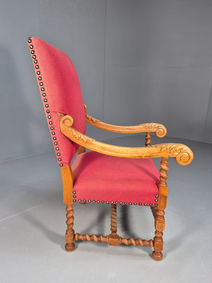 Vintage Danish Baroque Style Armchair in Red Wool and Oak 1950s EB9582 VCAR - UKDK FURNITURE