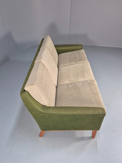 Mid Century 3 Seater Sofa Green Cream Fabric Teak Vintage Scandi EB9794 M3SS - UKDK FURNITURE