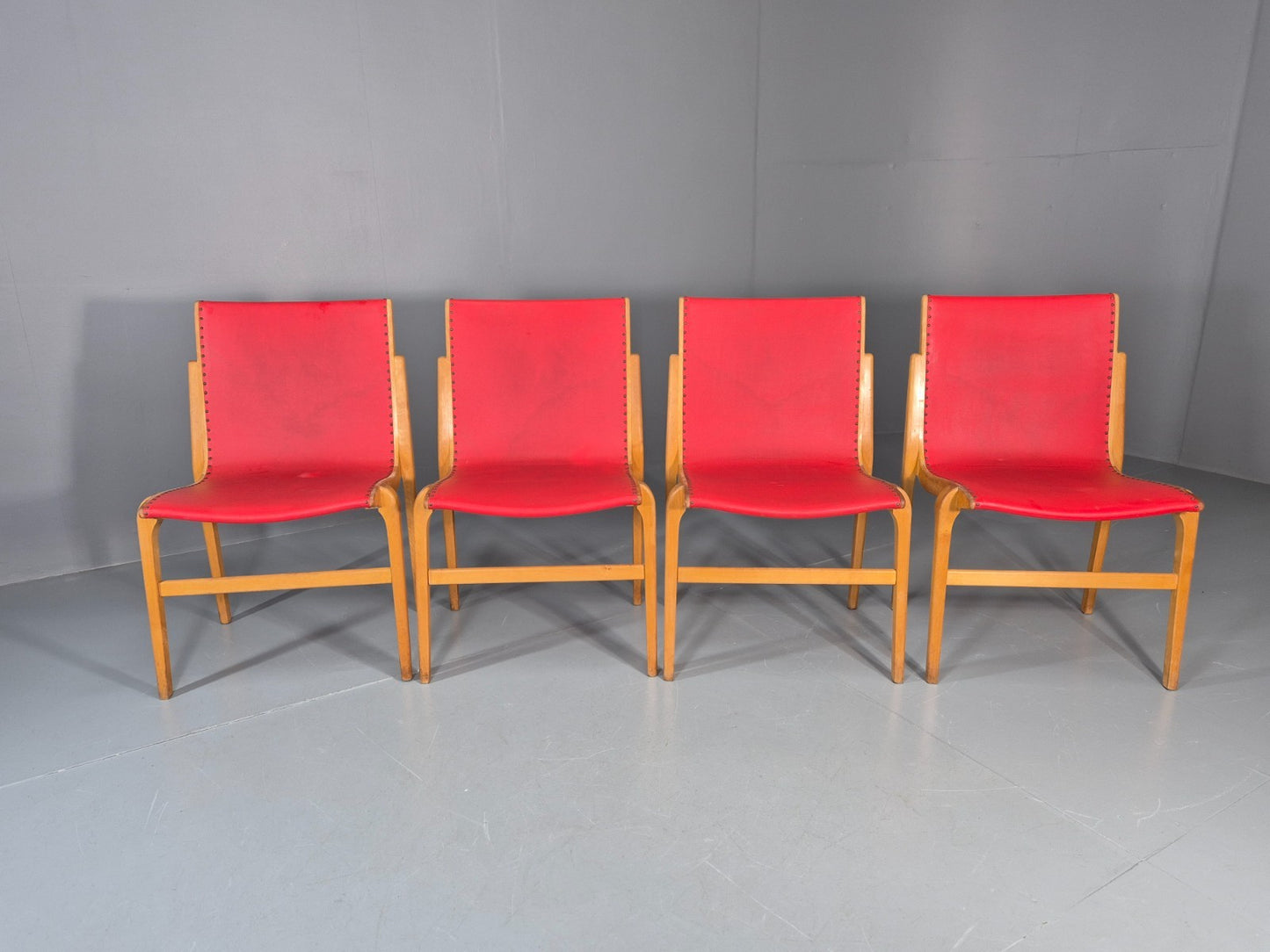 4 Stacking Lounge Chairs 1950s Swedish Red Beech Mid Century Retro EB11102 MDIN3