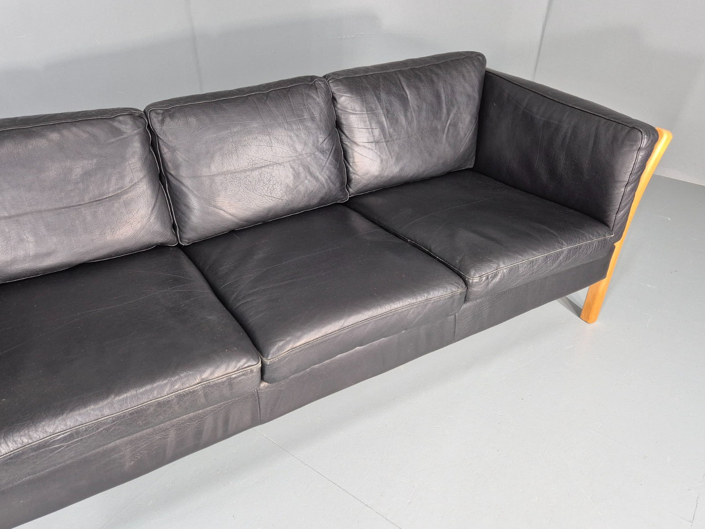 Vintage Stouby 3 Seat Sofa Danish Black Leather Beech End 1980s EB10556 M3SS3