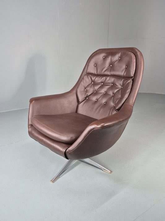 Retro Swivel Bucket Chair 1970s Denmark Brown Vinyl Mid Century EB11415 MSWI0
