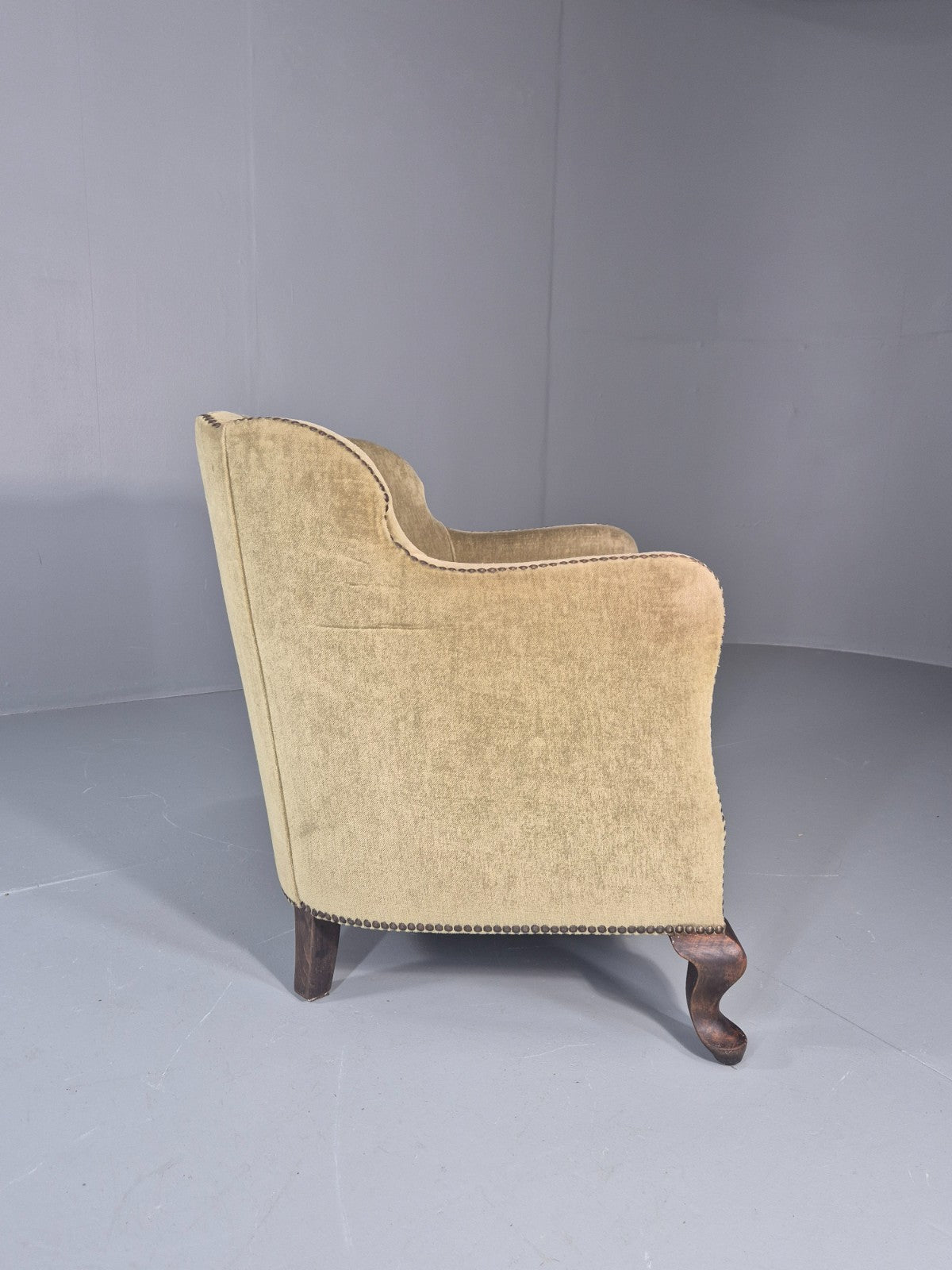 Danish Deco Lounge Chair 1930s Green Velour Stud Work Cabriole Leg EB11298 VCLO9