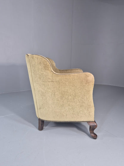 Danish Deco Lounge Chair 1930s Green Velour Stud Work Cabriole Leg EB11298 VCLO9