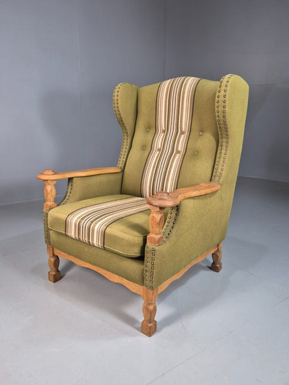 Vintage Danish Green Striped Wingback Armchair Oak Studded Skippers EB8044 MNOR - UKDK FURNITURE