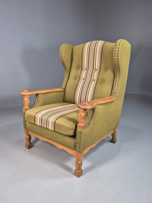 Vintage Danish Green Striped Wingback Armchair Oak Studded Skippers EB8044 MNOR - UKDK FURNITURE