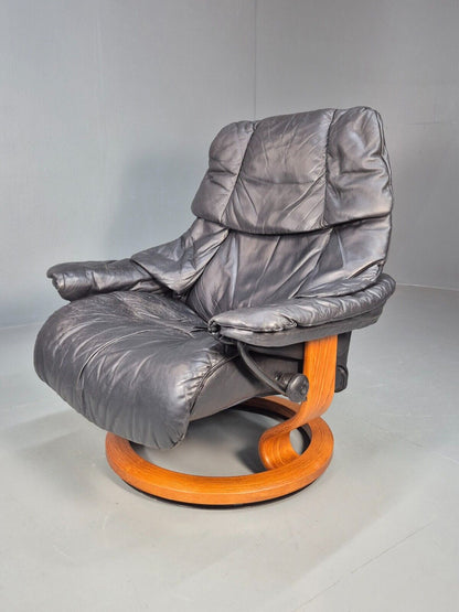 Vintage Norwegian Swivel Lounge Chair Black Leather Stressless Retro EB8490 MSWI - UKDK FURNITURE