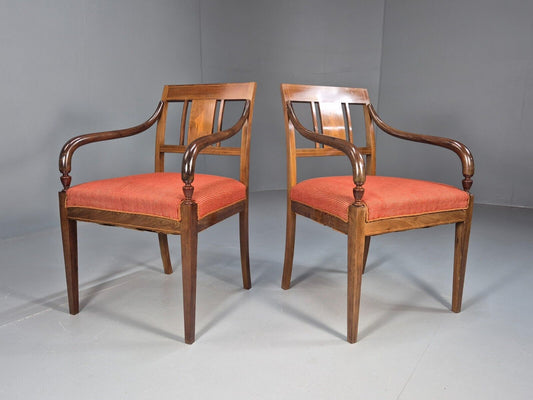 2 vintage Danish Elbow Chairs Red Corduroy Mahogany Empire Antique EB8955 VDIN - UKDK FURNITURE