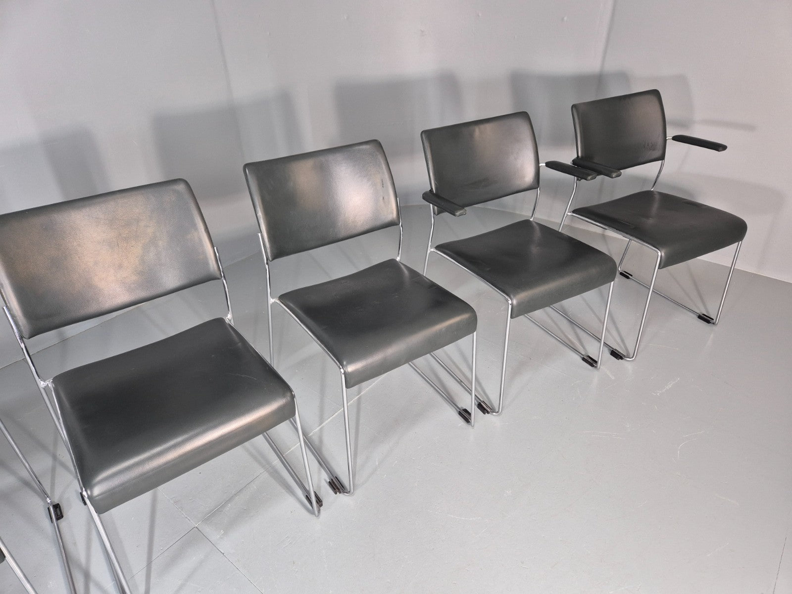 6 Leather Stacking Chairs Brunner Linos Dark Green Chrome Modern EB11735 MSTA10