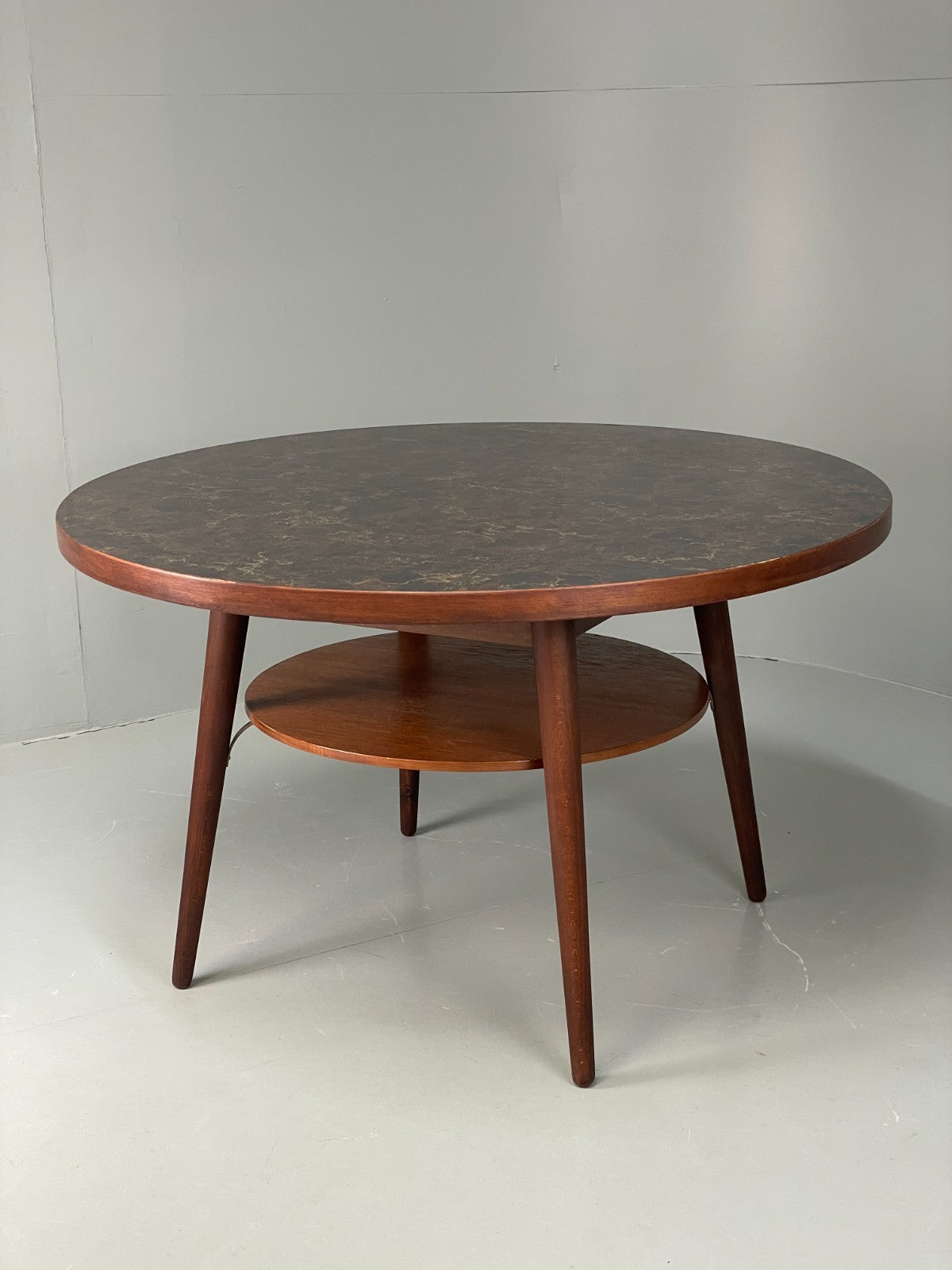 Vintage Round Dining Table 1960s Mid Century Formica Teak Shelf EB11810 MWOO3