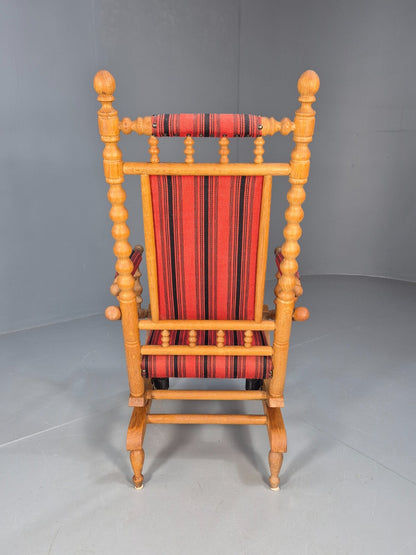 Vintage Danish Rocking Chair Oak Frame Red Stripe American Style EB9375 VCAR - UKDK FURNITURE