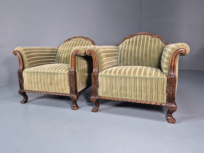 2 Antique Deep Lounge Chairs Oak Frame Green Corduroy 1900s  EB10758 VCAR5