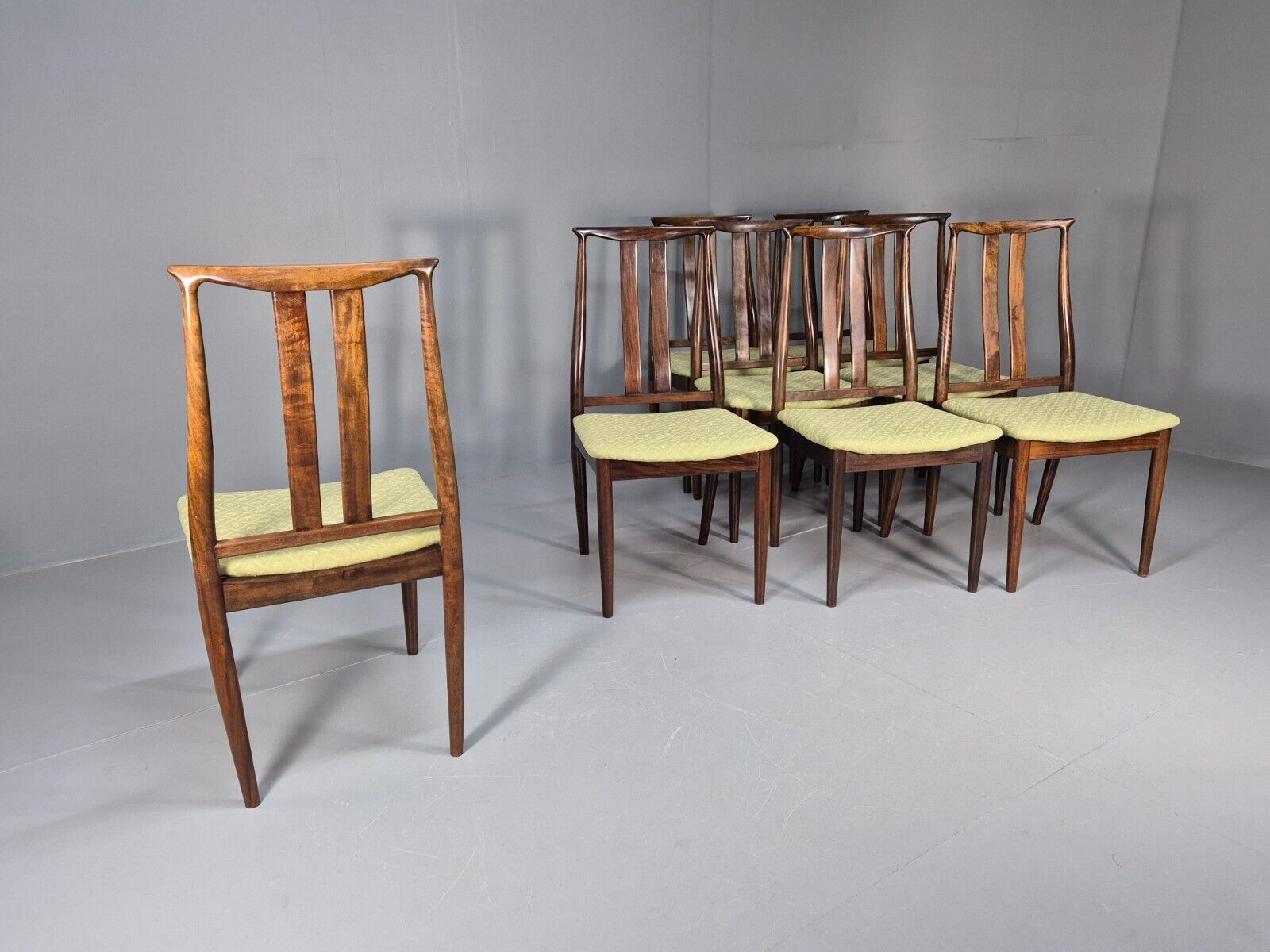 8 Vintage Danish Design Dining Chairs High back Hardwood Green 1970s EB9143 MDIN - UKDK FURNITURE