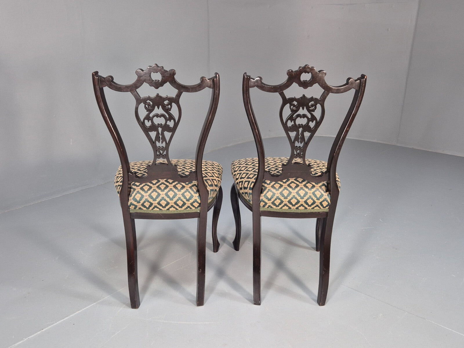 Vintage Royal Green Dining Chairs Pair Leaf Pattern Mahogany Frame EB9691 VDIN - UKDK FURNITURE